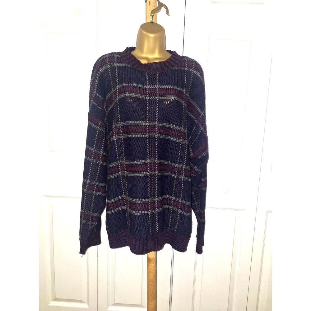 Sonoma Plaid Crew Neck Pullover Sweater Mens XL Blue Purple Grandpa Academia Dad